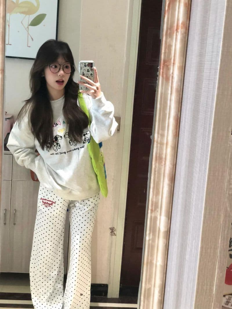 가을 개성 도트 무늬 디자인 센스 다용도 캐주얼 바지 한국 스타일 개성 학생 출퇴근 와이드 레그 팬츠 자수 프린트 섹션 상세 이미지 6