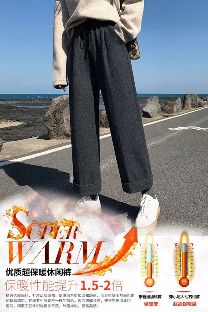 회색 모직 와이드 레깅스 바지 가을 겨울 바지 지방 mm 빅 사이즈 9부 바지 털이 있고 두꺼운 루즈핏 캐주얼 스트레이트 팬츠 상세 이미지 2
