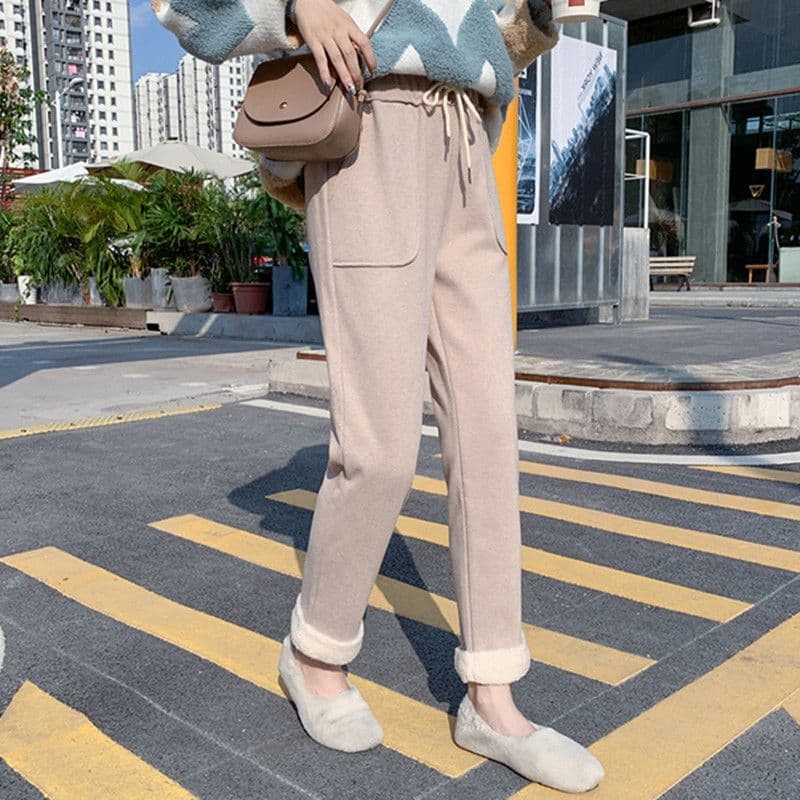 용과 봉황 뭐라구? 원단 털이 있고 두꺼운 여성 가을 겨울 학생 한국 스타일 루즈핏 편안함 9 포인트 모직 캐주얼 바지 바지 이미지 2