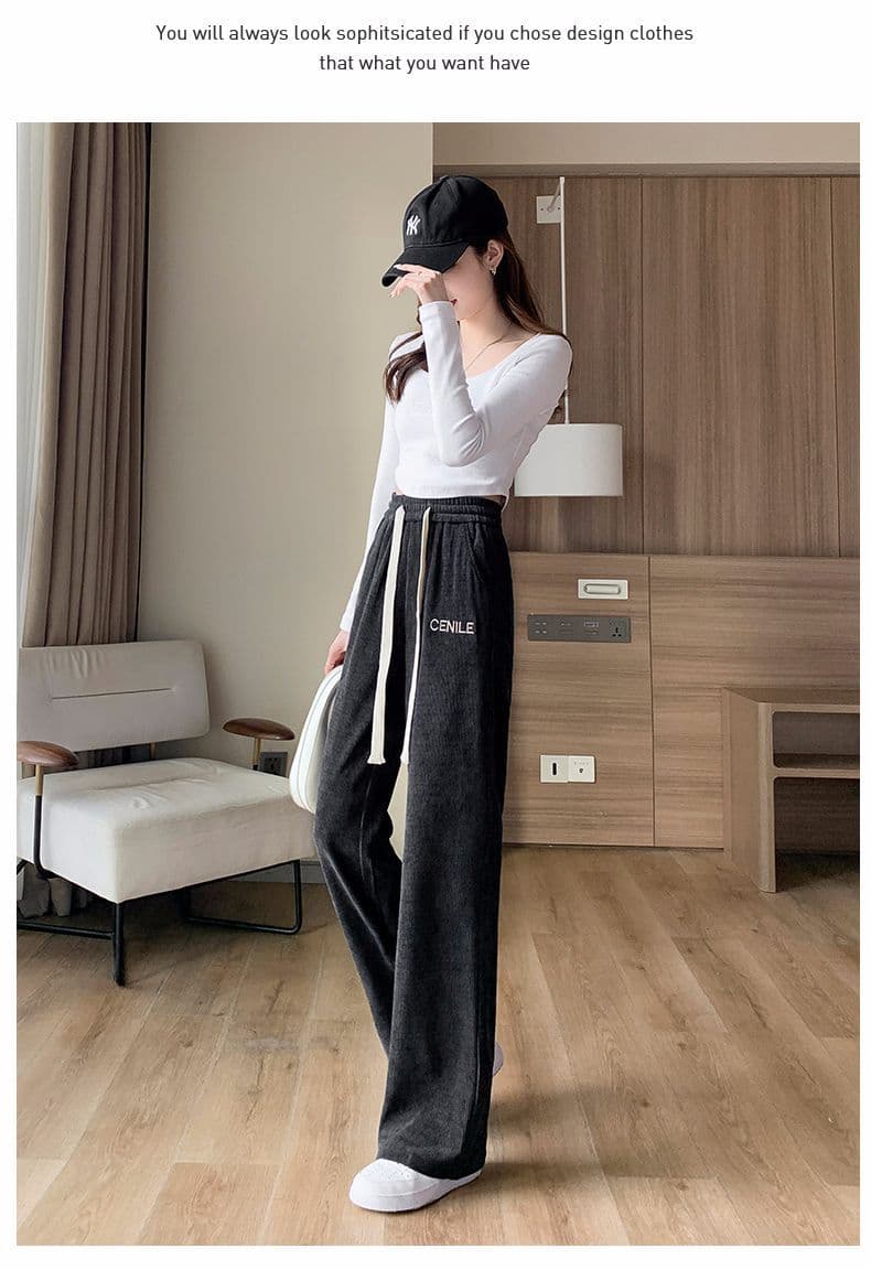 코듀로이 복합 모방 슈퍼 캐주얼 운동 바지 가을 겨울 새로운 털이 있는 루즈핏 슬림해 보이는 하이웨이스트 넓은 다리 스트레이트 팬츠 상세 이미지 24