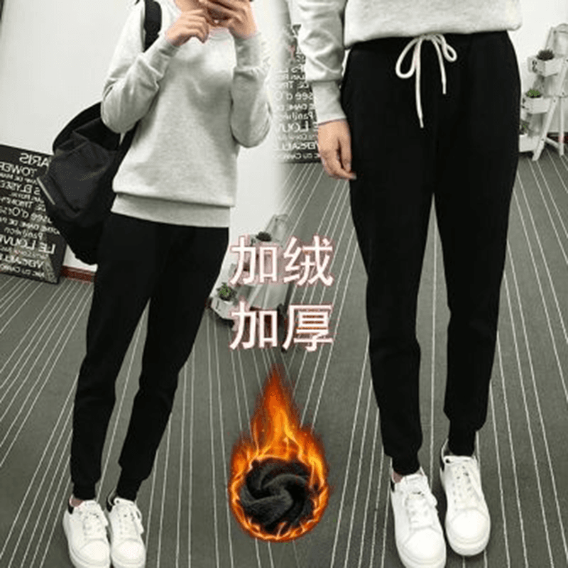여성 한국 스타일 털이 있고 두꺼운 조거 캐주얼 운동 바지 긴 바지 루즈핏 편안함 보온 하렘 바지 바지 가을 겨울철