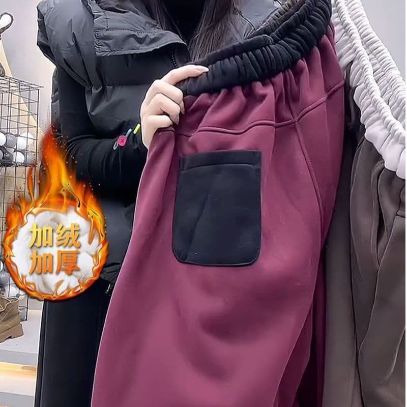 후아 면 복합 베이 베이 플러시 새로운 패치워크 허리 머리 웨이 바지 여성 털이 있는 조거 루즈핏 슬림해 보이는 9 포인트 하렘 바지 이미지 2