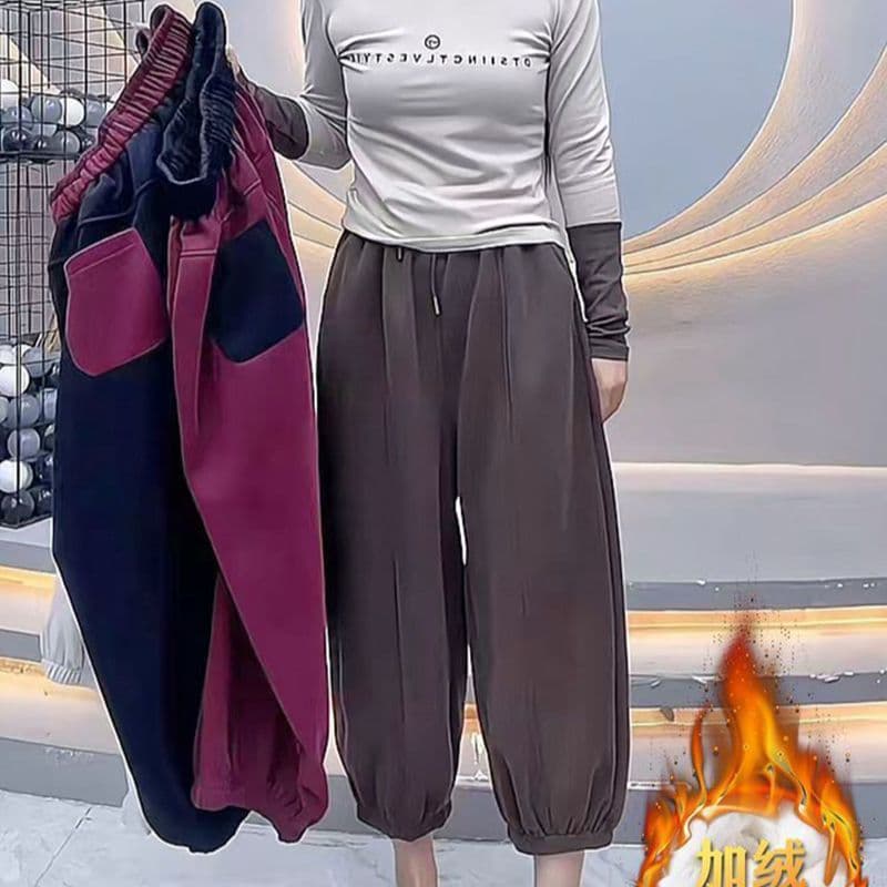 후아 면 복합 베이 베이 플러시 새로운 패치워크 허리 머리 웨이 바지 여성 털이 있는 조거 루즈핏 슬림해 보이는 9 포인트 하렘 바지 이미지 4