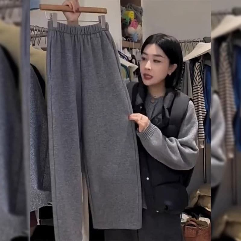 회색 털이 있는 모직 모통이 칼 와이드 레깅스 바지 가을 겨울 2026 새로운 부드러운 찹쌀 캐주얼 인기 바나나 낫 바지 이미지 3