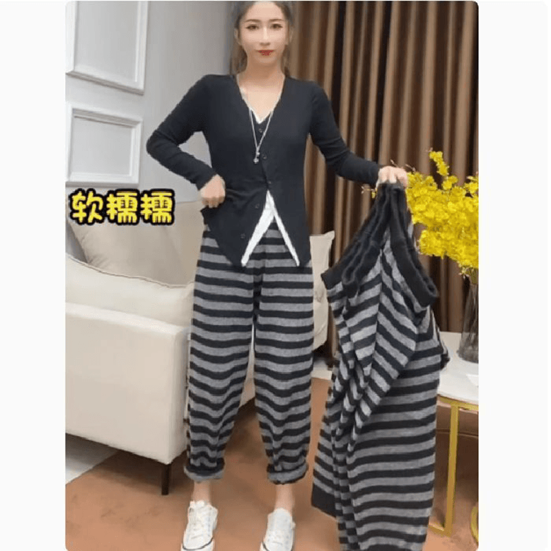 스트라이프 뭉치 다리 작은 발 바지 여성 2026 새로운 폭발 가을 겨울 털이 있는 배 모양 몸 캐주얼 운동 하이웨이스트 웨이 바지 이미지 4