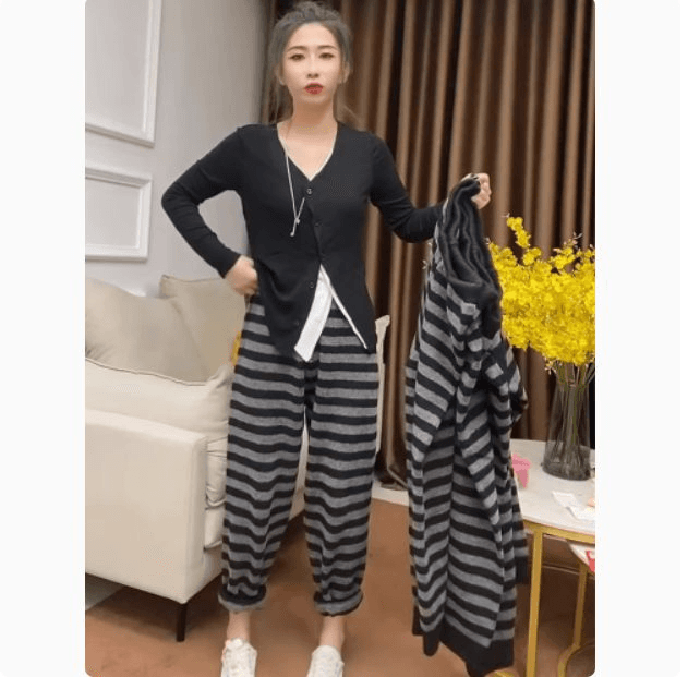 스트라이프 뭉치 다리 작은 발 바지 여성 2026 새로운 폭발 가을 겨울 털이 있는 배 모양 몸 캐주얼 운동 하이웨이스트 웨이 바지 상세 이미지 4