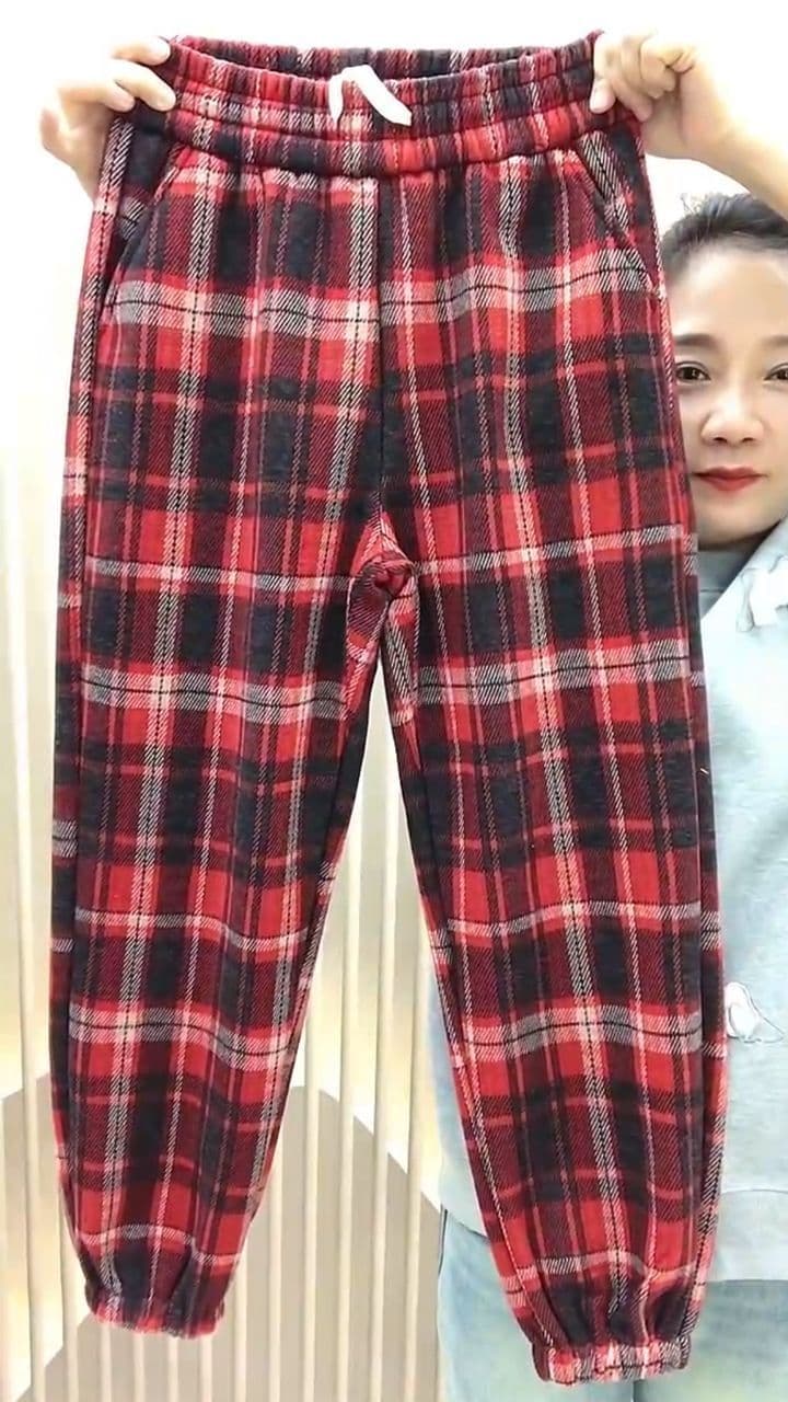 가을 겨울 새로운 체크무늬 캐주얼 바지 여성 털이 있고 두꺼운 하이웨이스트 루즈핏 슬림해 보이는 스트레이트 조거 9 포인트 배기 바지 상세 이미지 6