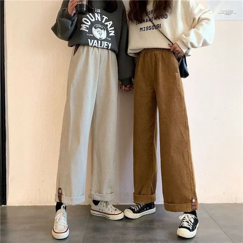 윅 복합 아메리칸 레트로 체크무늬 뒤집다 측면 캐주얼 바지 여성 가을 루즈핏 스트레이트 넓은 다리 운동 롱 바지 상세 이미지 2
