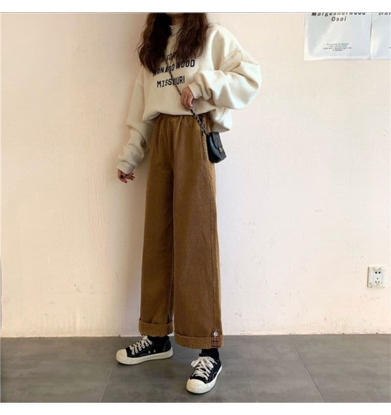 윅 복합 아메리칸 레트로 체크무늬 뒤집다 측면 캐주얼 바지 여성 가을 루즈핏 스트레이트 넓은 다리 운동 롱 바지 상세 이미지 18