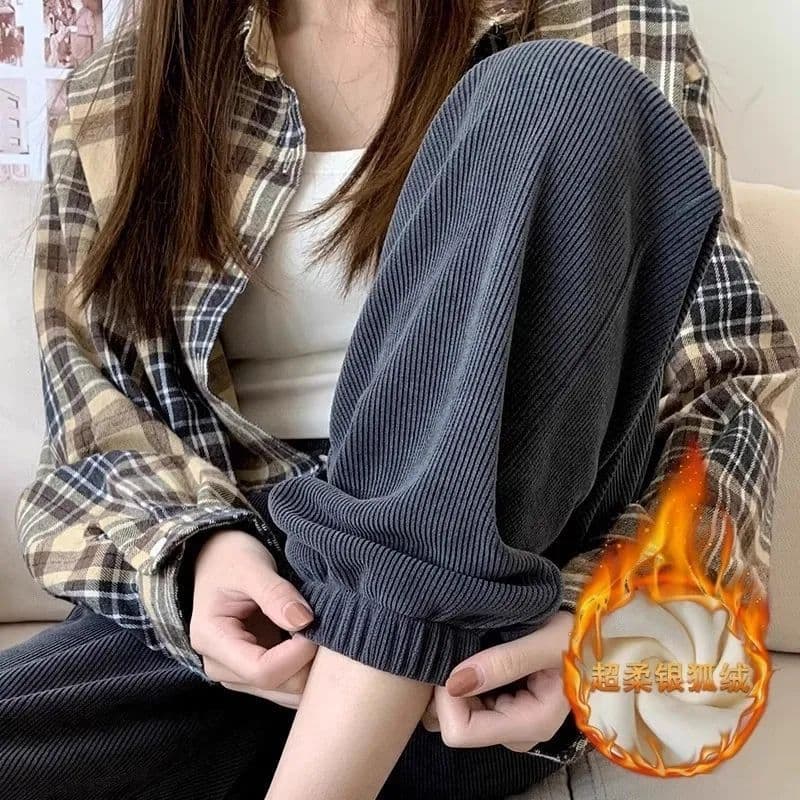 복합 진짜 슈퍼 털이 있는 운동 바지 여성 가을 겨울 새로운 두꺼운 캐주얼 루즈핏 조거 하렘 바지 외출용 바지 상세 이미지 12