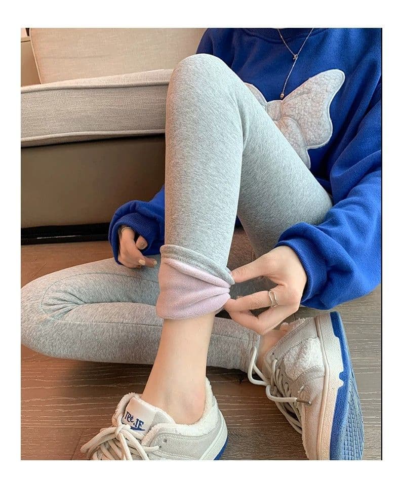 우유 실크 복합 진짜 슈퍼 만나는 캐시미어 바지 여성 가을 겨울 털이 있고 두꺼운 회색 하이웨이스트 신축성 보온 롱 바지 이미지 3