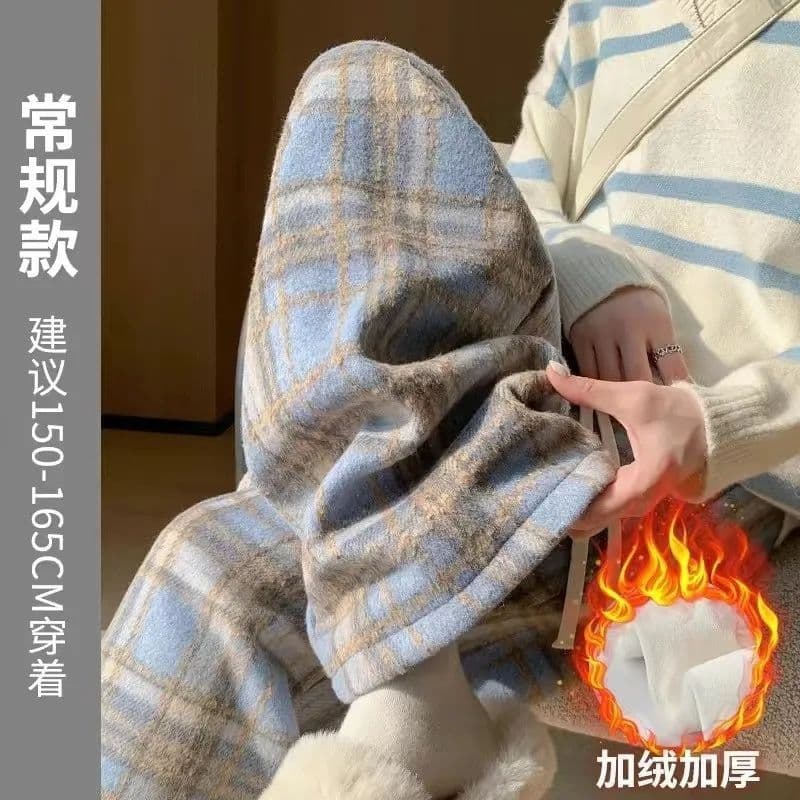 복합 플러시 털이 있는 체크무늬 바지 2026 새로운 가을 겨울철 루즈핏 느긋한 캐주얼 스트레이트 슬림해 보이는 와이드 레그 팬츠 상세 이미지 8