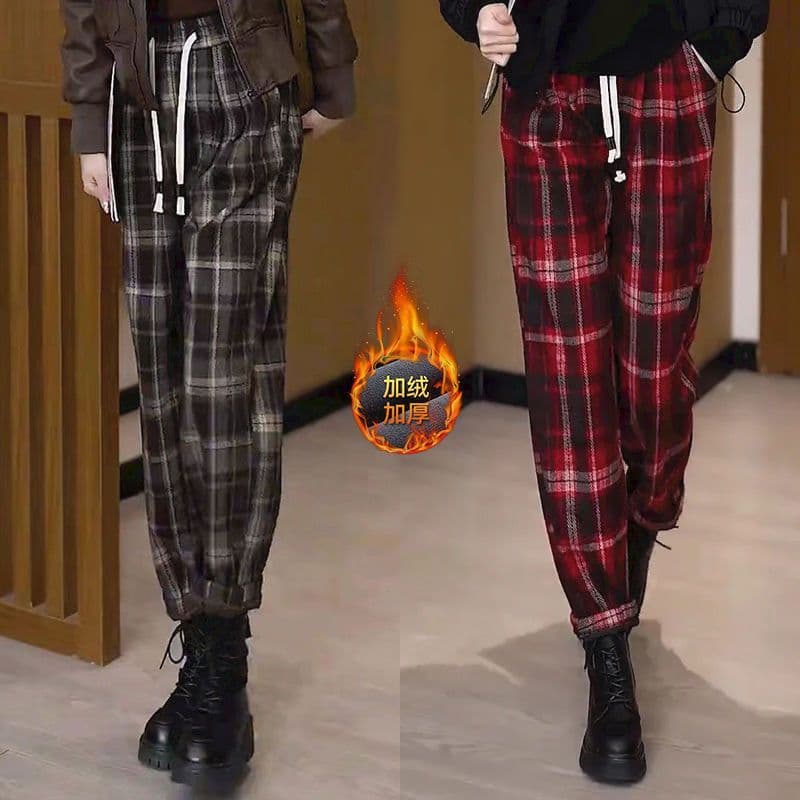 복합 플러시 털이 있는 체크무늬 바지 여성 슬림해 보이는 빨간색 캐주얼 바지 한국 스타일 루즈핏 두꺼운 9 포인트 하렘 바지 상세 이미지 2