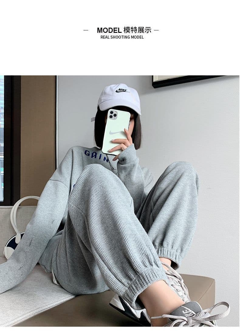 봄 여름 후아 남편 그리드 루즈핏 랜턴 하이웨이스트 여성 조거 웨이 바지 캐주얼 빅 사이즈 긴 바지 펌프 로프 운동 바지 맞춤 상세 이미지 5