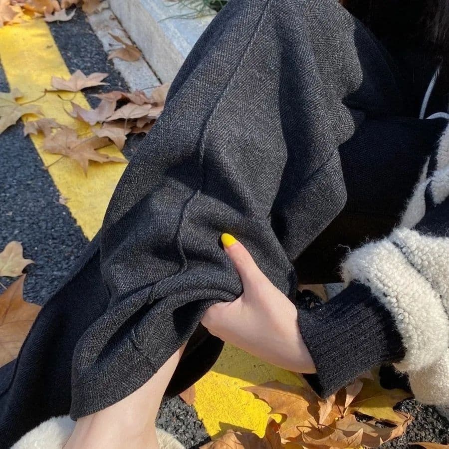 헤링본 곡물 와이드 레깅스 바지 2026 새로운 가을 겨울철 털이 있는 오래된 돈 바람 모직 스트레이트 운동 캐주얼 웨이 바지 이미지 5