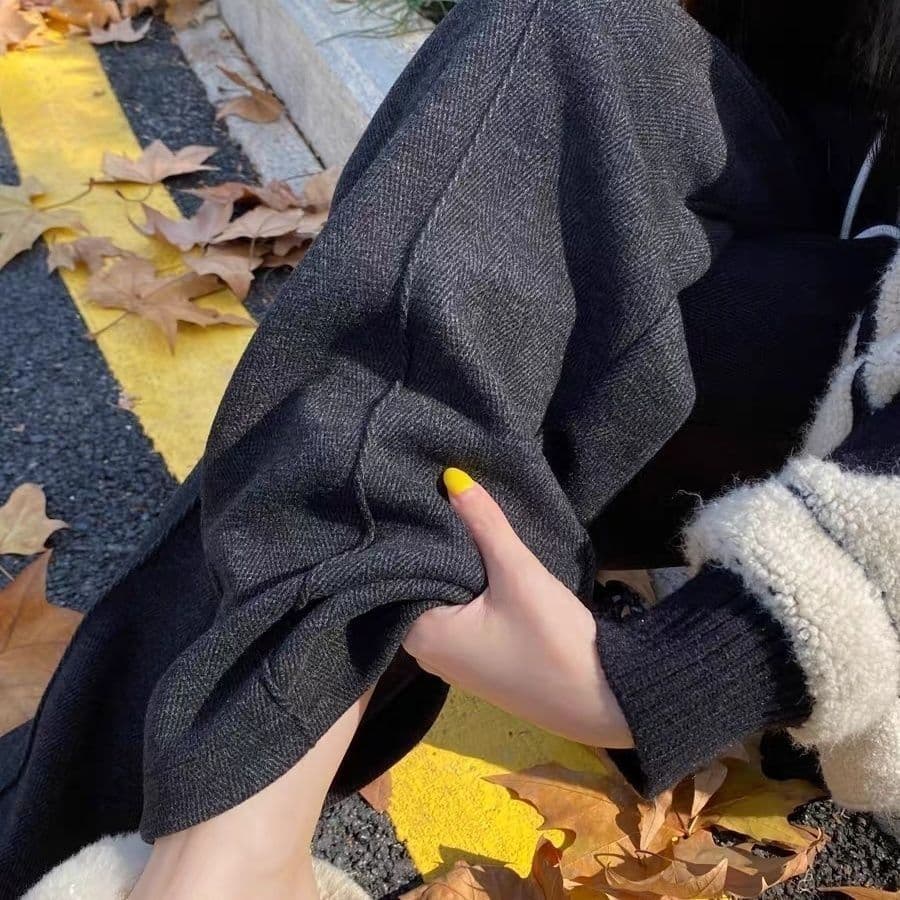 헤링본 곡물 와이드 레깅스 바지 2026 새로운 가을 겨울철 털이 있는 오래된 돈 바람 모직 스트레이트 운동 캐주얼 웨이 바지 상세 이미지 3