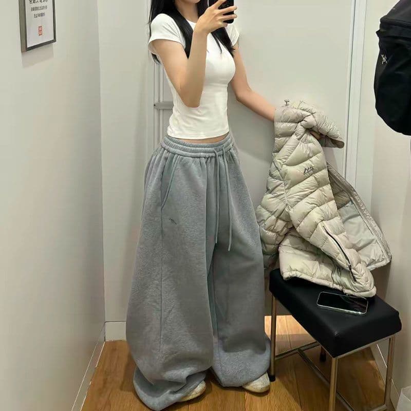 2026 년 가을 새로운 레트로 아메리칸 느긋한 바람 자수 루즈핏 패치워크 넓은 다리 캐주얼 춤추기 웨이 바지 여성 트렌디 상세 이미지 7