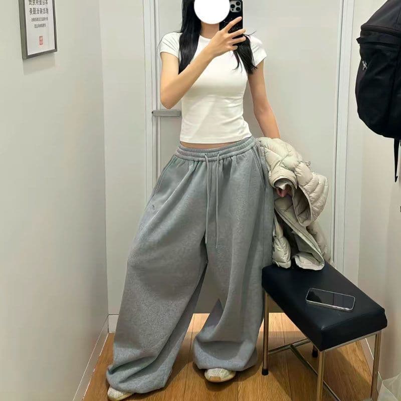 2026 년 가을 새로운 레트로 아메리칸 느긋한 바람 자수 루즈핏 패치워크 넓은 다리 캐주얼 춤추기 웨이 바지 여성 트렌디 상세 이미지 9