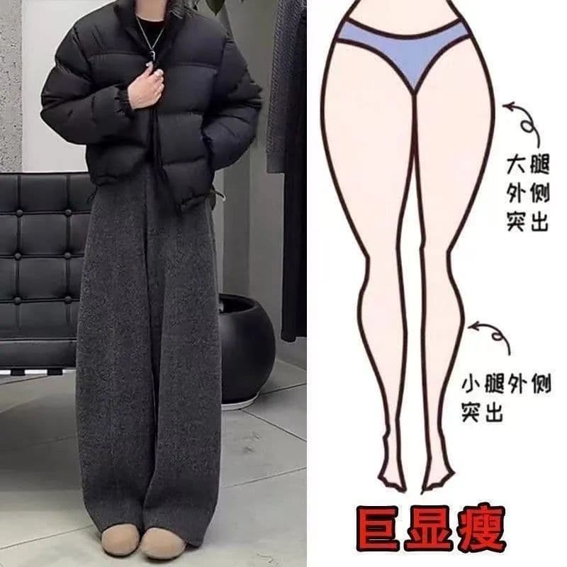 회색 모직 모통이 칼 바지 여성 2026 겨울 새로운 털이 있고 두꺼운 찹쌀 바지 루즈핏 슬림해 보이는 보온 와이드 레그 팬츠 이미지 3