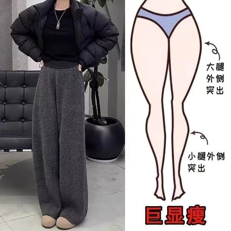 회색 모직 모통이 칼 바지 여성 2026 겨울 새로운 털이 있고 두꺼운 찹쌀 바지 루즈핏 슬림해 보이는 보온 와이드 레그 팬츠 상세 이미지 3