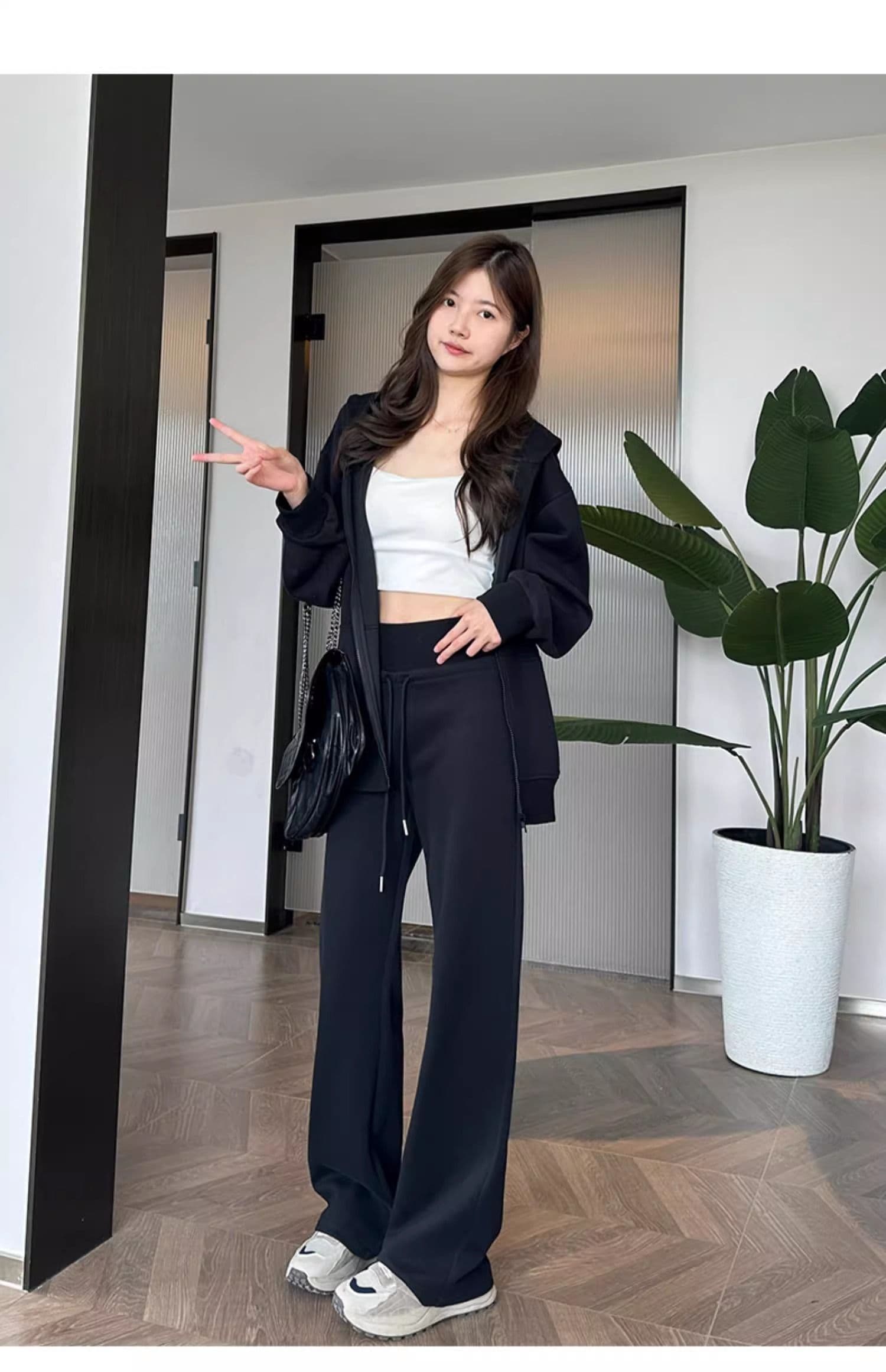 슈퍼 화재 검정색 운동 바지 여성 봄 가을 스트레이트 가을 겨울 긴 바지 하이웨이스트 캐주얼 느긋한 바람 루즈핏 넓은 다리 웨이 바지 상세 이미지 12