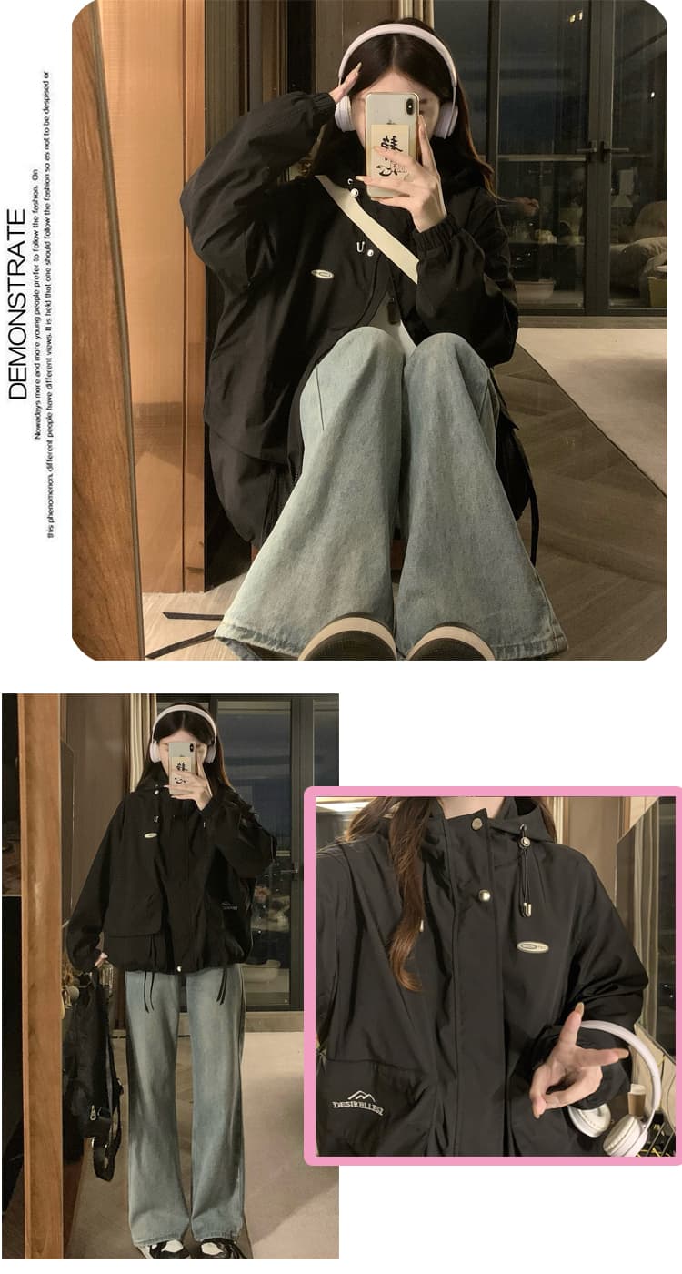가을 의상 재킷 오픈 가디건 후드 자켓 방풍 물 지퍼 자수 빅 포켓 여성 의류 학원 스타일 패션 섹션 상세 이미지 16