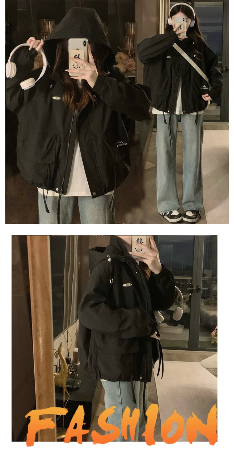 가을 의상 재킷 오픈 가디건 후드 자켓 방풍 물 지퍼 자수 빅 포켓 여성 의류 학원 스타일 패션 섹션 상세 이미지 19