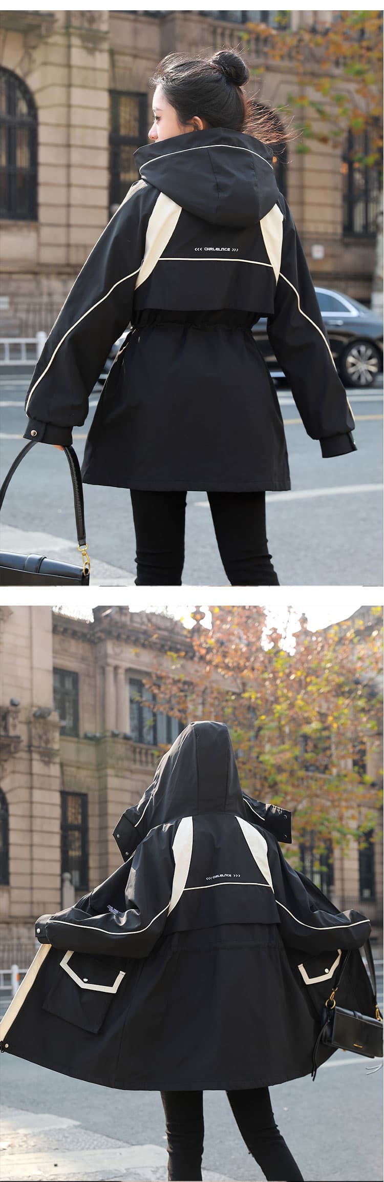 봄 드레스 자수 방풍 방수 후드 슬림해 보이는 오픈 가디건 새로운 재킷 재킷 중간 길이 빅 포켓 배색 패치워크 상세 이미지 17