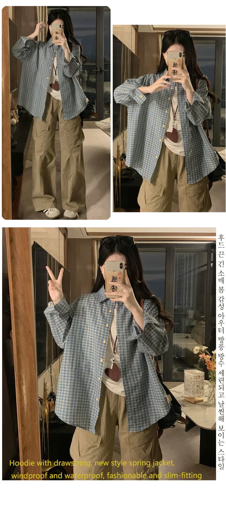 가을 의상 새로운 학원 스타일 체크무늬 루즈핏 폴로 칼라 긴팔 셔츠 패션 맨위 봄 가을 다용도 중간 길이 캐주얼 상세 이미지 5