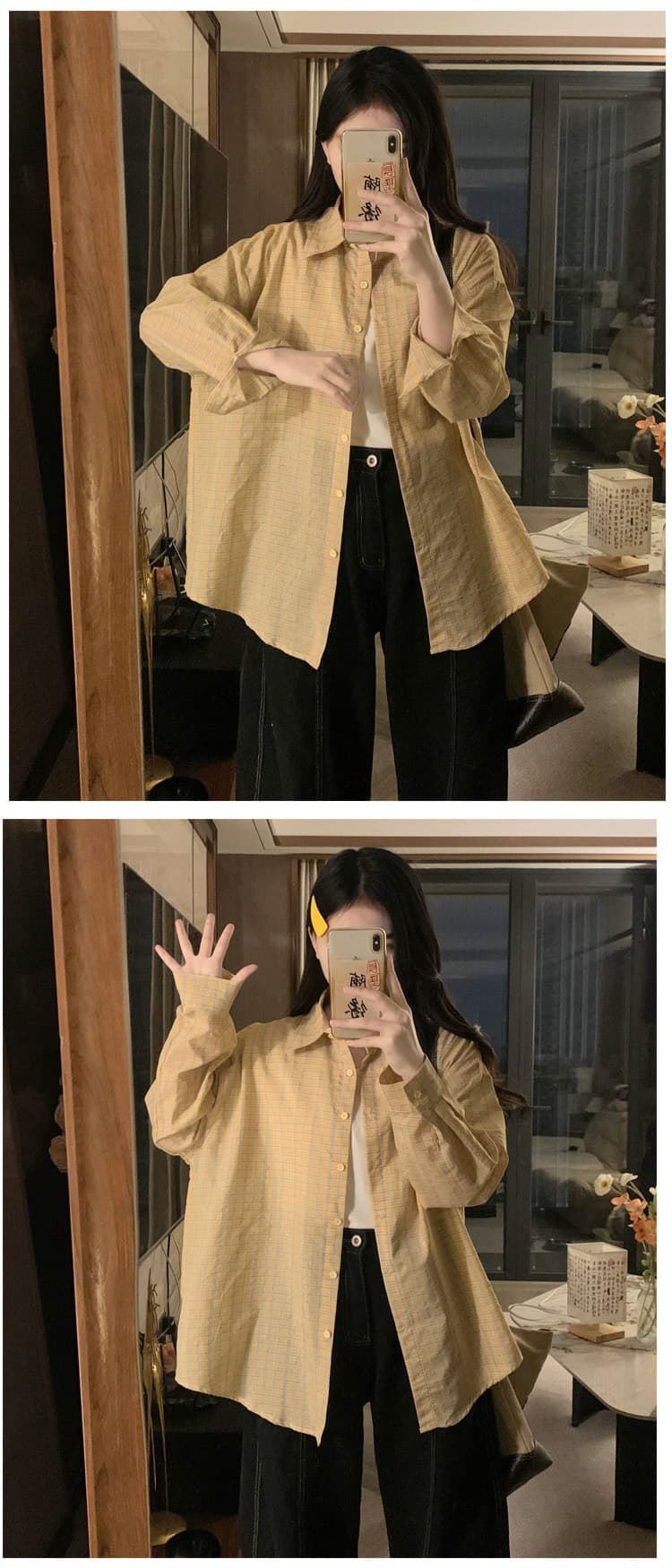 가을 의상 새로운 학원 스타일 체크무늬 루즈핏 폴로 칼라 긴팔 셔츠 패션 맨위 봄 가을 다용도 중간 길이 캐주얼 상세 이미지 10