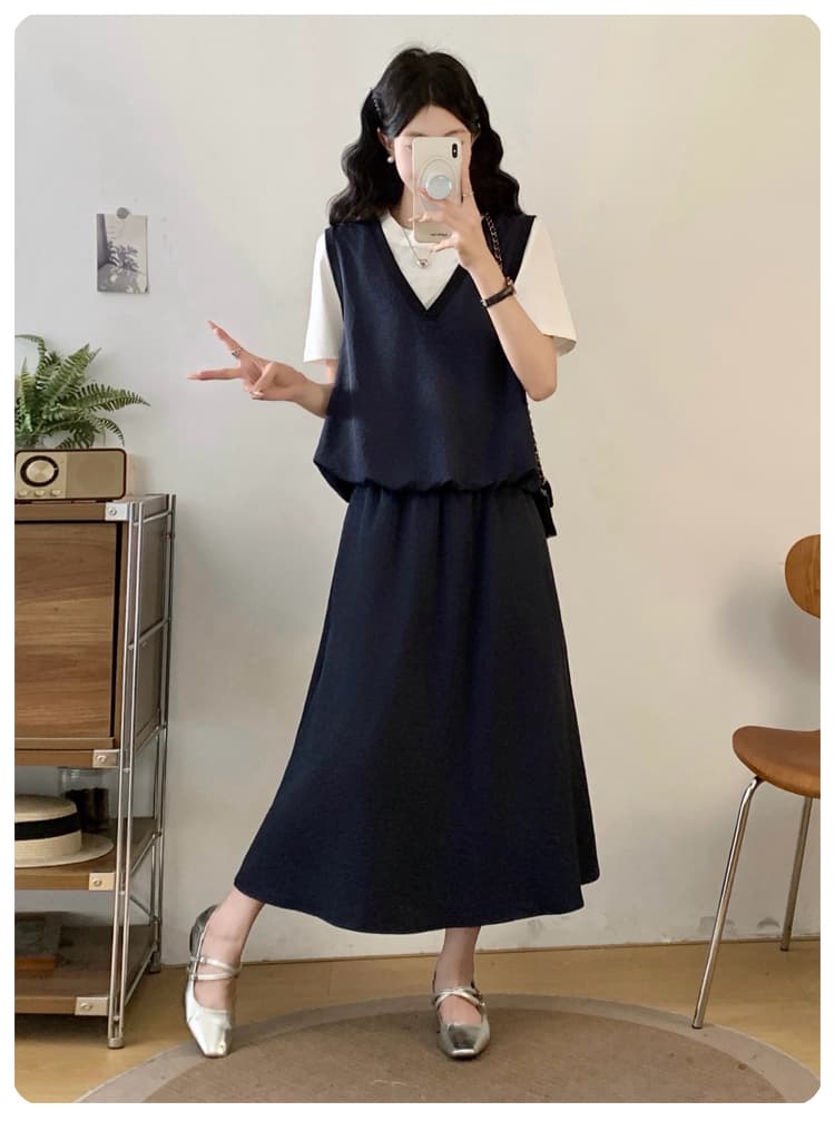 패션 세트 여성 여름 새로운 V넥 루즈핏 롱 스커트 있음 주머니 가짜 세 조각 반신 스커트 페이크 레이어드 맨위 상세 이미지 10