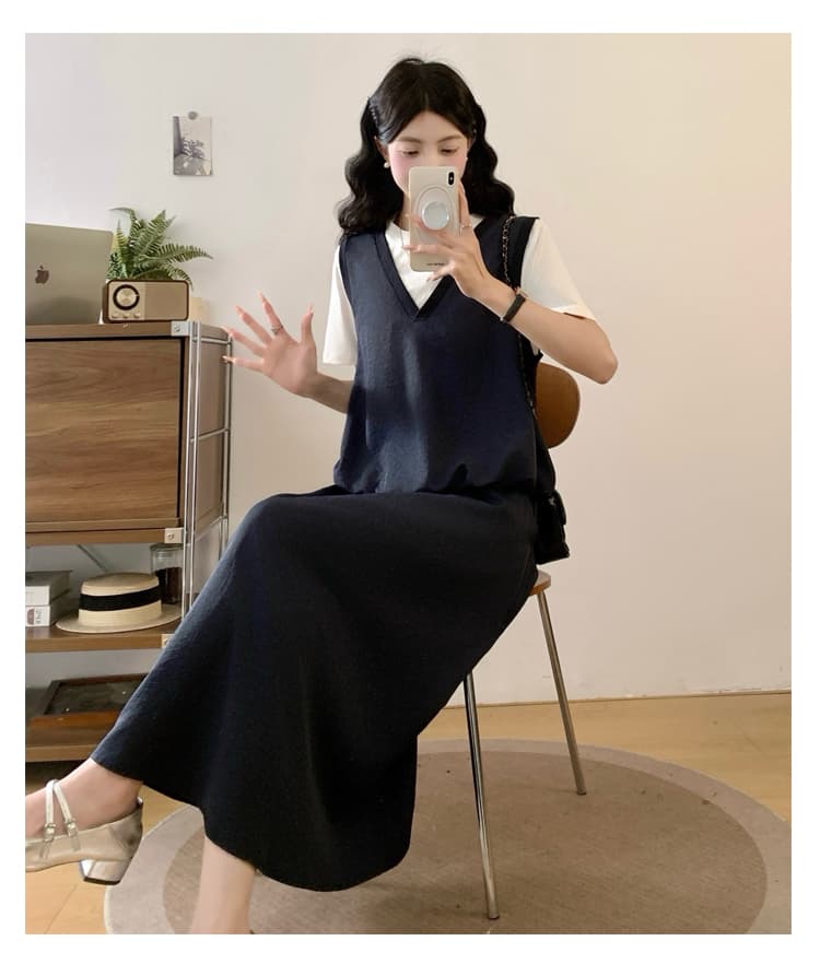패션 세트 여성 여름 새로운 V넥 루즈핏 롱 스커트 있음 주머니 가짜 세 조각 반신 스커트 페이크 레이어드 맨위 상세 이미지 14