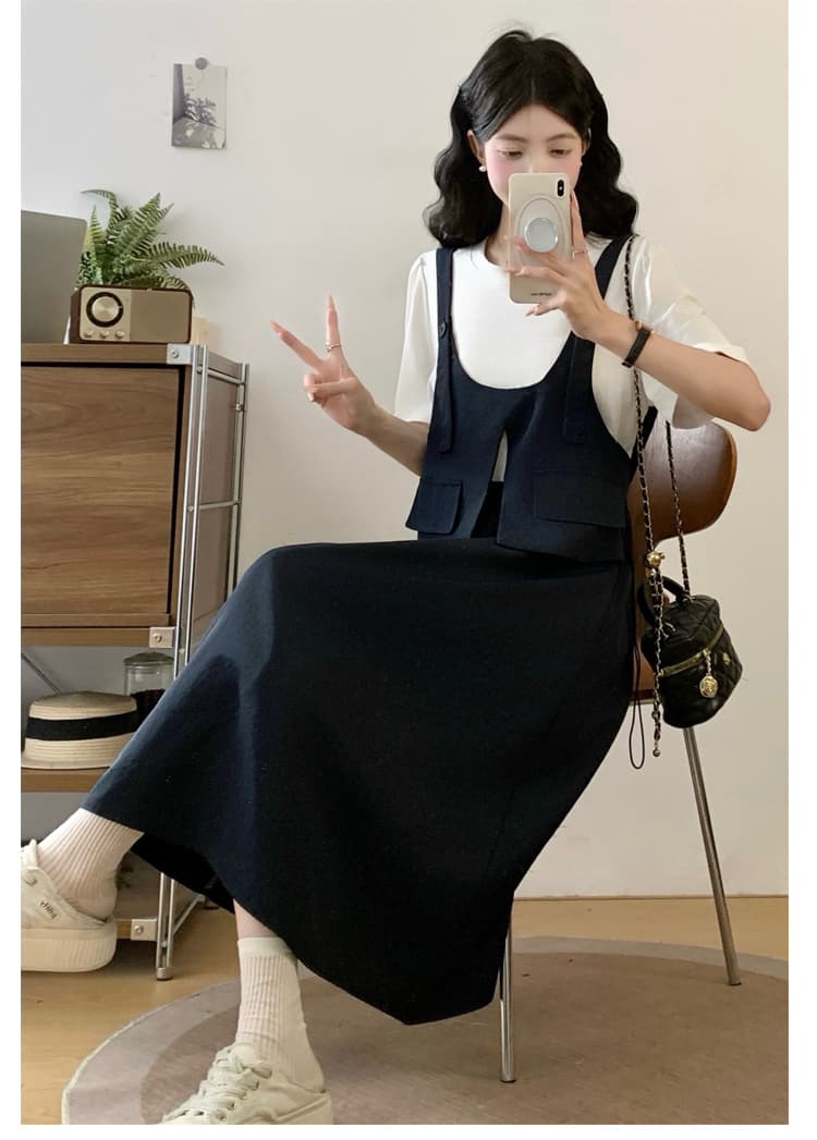 학원 스타일 새로운 여성 의류 패션 가짜 세 조각 세트 실용적인 주머니 펌프 로프 수 있습니다. 조정 슬림해 보이는 반신 스커트 맨위 상세 이미지 11