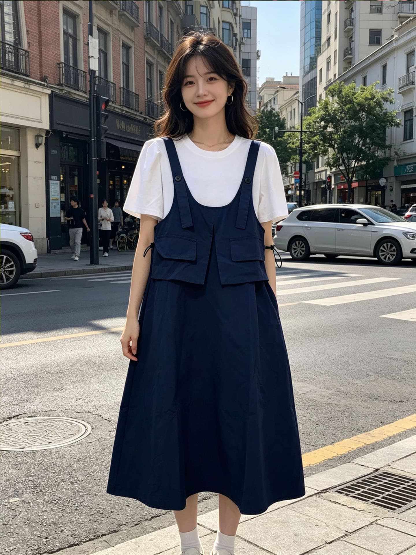 여름 척 세 조각 반신 스커트 맨위 세트 펌프 로프 수 있습니다. 조정 슬림해 보이는 주머니 반팔 드레스 학원 스타일 이미지 4