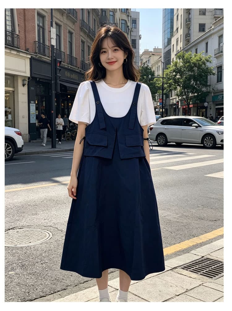 여름 척 세 조각 반신 스커트 맨위 세트 펌프 로프 수 있습니다. 조정 슬림해 보이는 주머니 반팔 드레스 학원 스타일 상세 이미지 19