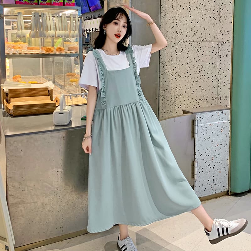 여름 새로운 세트 드레스 티셔츠 패션 멜빵 스커트 레이스 무릎 아래 롱 스커트 슬림해 보이는 학원 스타일 여름 반팔 이미지 3