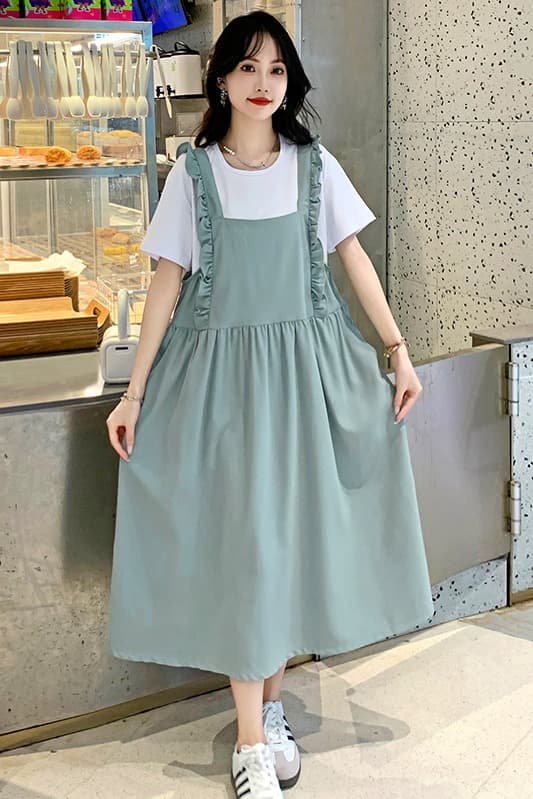 여름 새로운 세트 드레스 티셔츠 패션 멜빵 스커트 레이스 무릎 아래 롱 스커트 슬림해 보이는 학원 스타일 여름 반팔 이미지 6