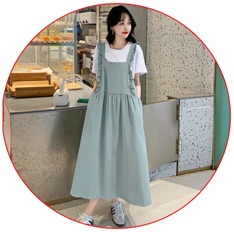 여름 새로운 세트 드레스 티셔츠 패션 멜빵 스커트 레이스 무릎 아래 롱 스커트 슬림해 보이는 학원 스타일 여름 반팔 상세 이미지 7