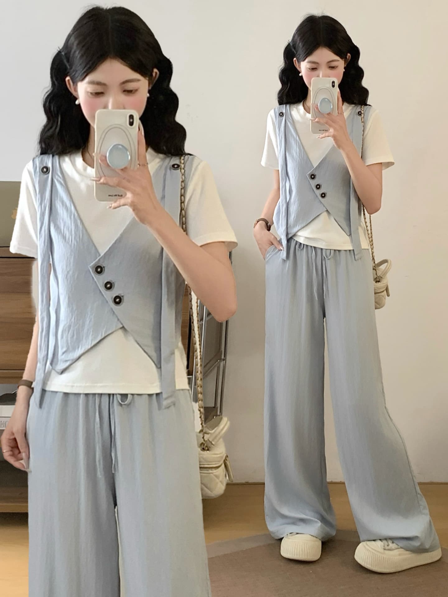여성 의류 캐주얼 스포츠 슈트 여름 새로운 얇은 스타일 반팔 티셔츠 순면 베스트 긴 바지 투피스 세트 가짜 세 조각 이미지 4