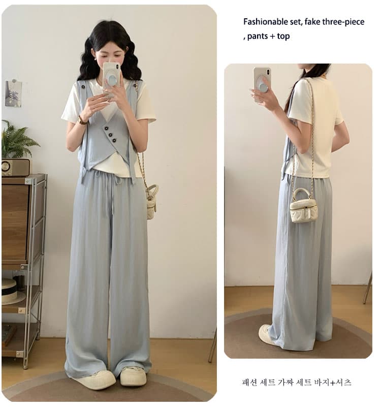 여성 의류 캐주얼 스포츠 슈트 여름 새로운 얇은 스타일 반팔 티셔츠 순면 베스트 긴 바지 투피스 세트 가짜 세 조각 상세 이미지 14