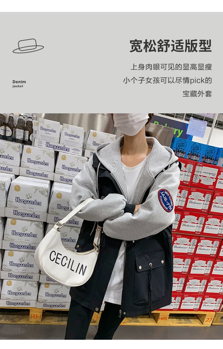학원 스타일 여성 의류 배색 재킷 재킷 루즈핏 펌프 로프 허리 수축 있음 안감 후드 긴팔 맨위 더블 지퍼 상세 이미지 6