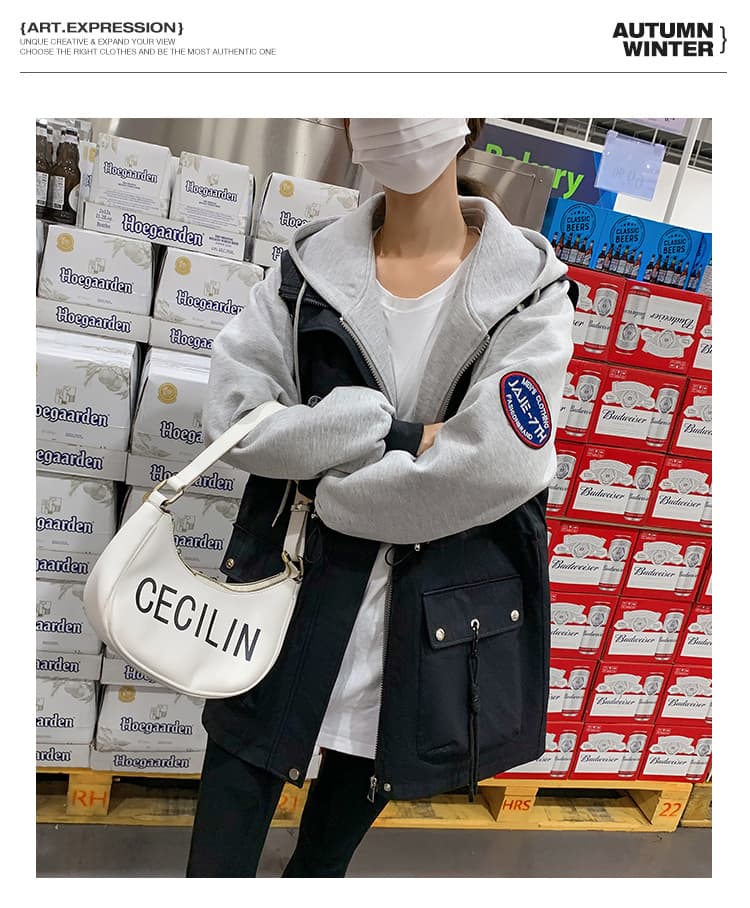 학원 스타일 여성 의류 배색 재킷 재킷 루즈핏 펌프 로프 허리 수축 있음 안감 후드 긴팔 맨위 더블 지퍼 상세 이미지 14