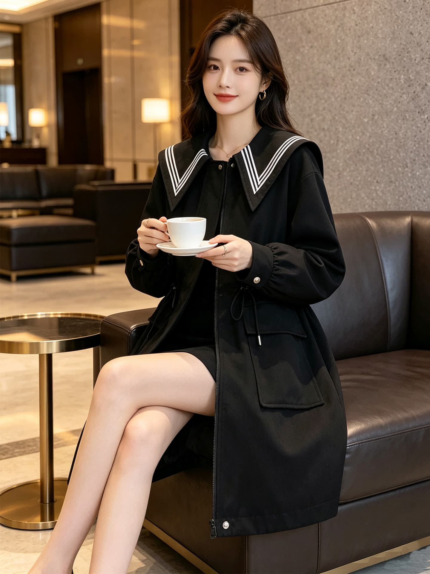 학원 스타일 웃음 하 바람 재킷 맨위 패션 베이비 칼라 해군 칼라 슬림해 보이는 중간 길이 펌프 로프 이미지 4
