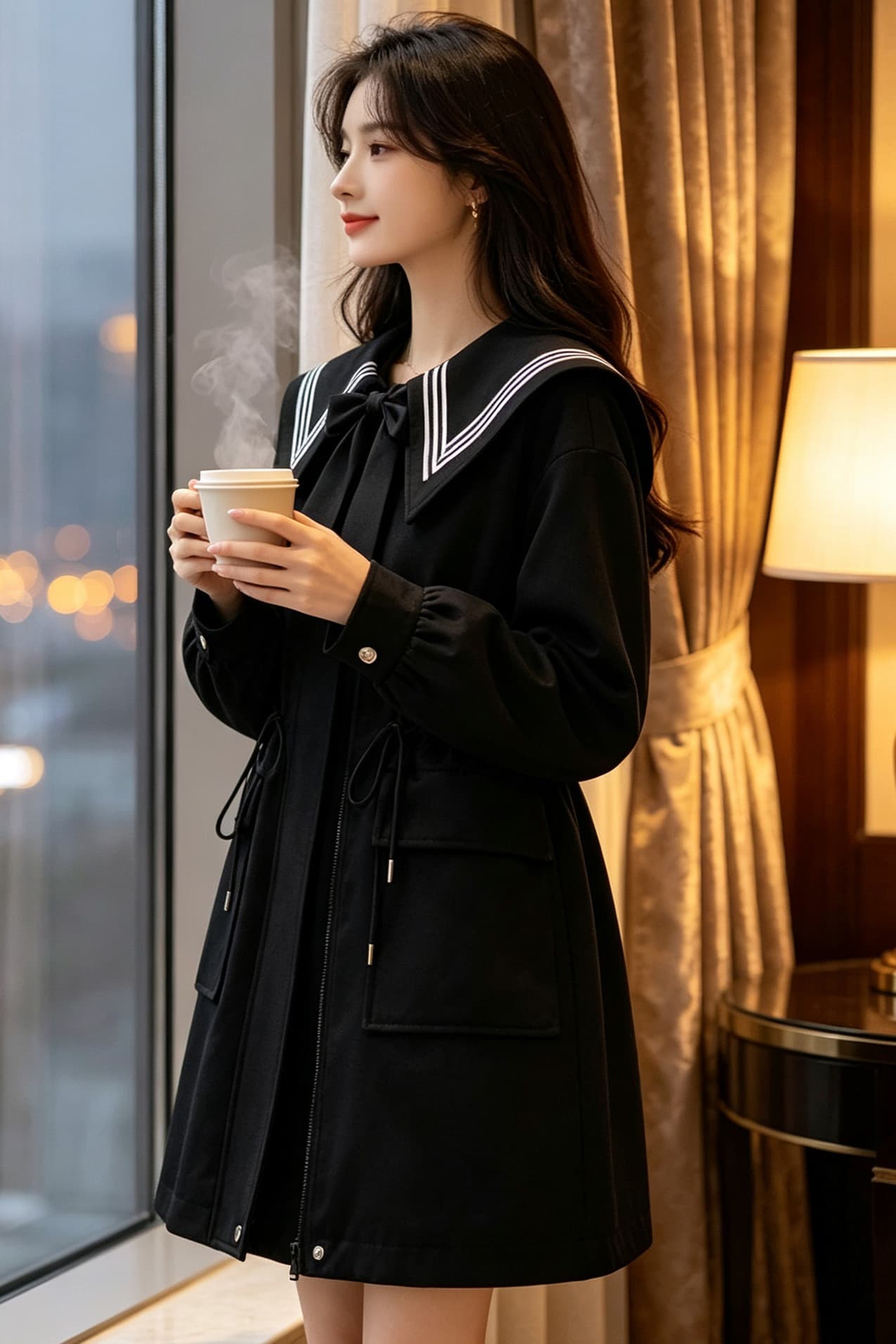 학원 스타일 웃음 하 바람 재킷 맨위 패션 베이비 칼라 해군 칼라 슬림해 보이는 중간 길이 펌프 로프 이미지 7