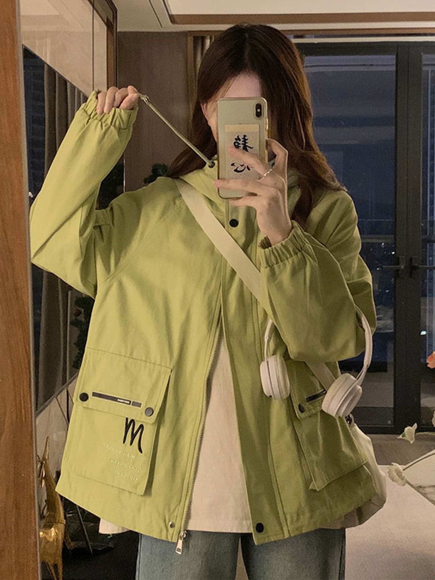 봄 가을 신제품 후드 재킷 작은 키 맨위 루즈핏 빅 사이즈 통통한 여동생 있음 안감 새로운 자수 재킷 이미지 4