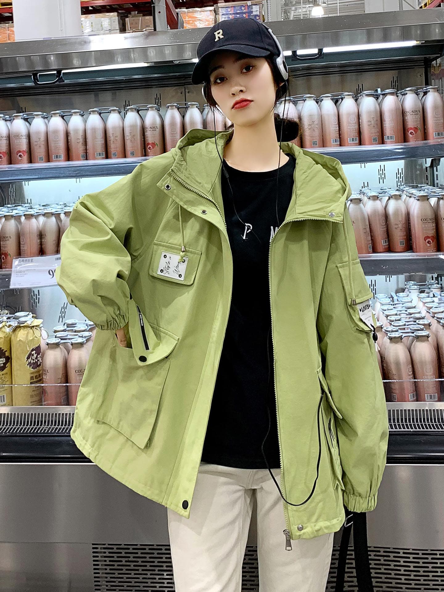 새로운 봄 가을 후드 면 소재 맨위 재킷 통통한 여동생 200 kg 학생 작은 키 학원 다용도 지방 m 자수 이미지 3