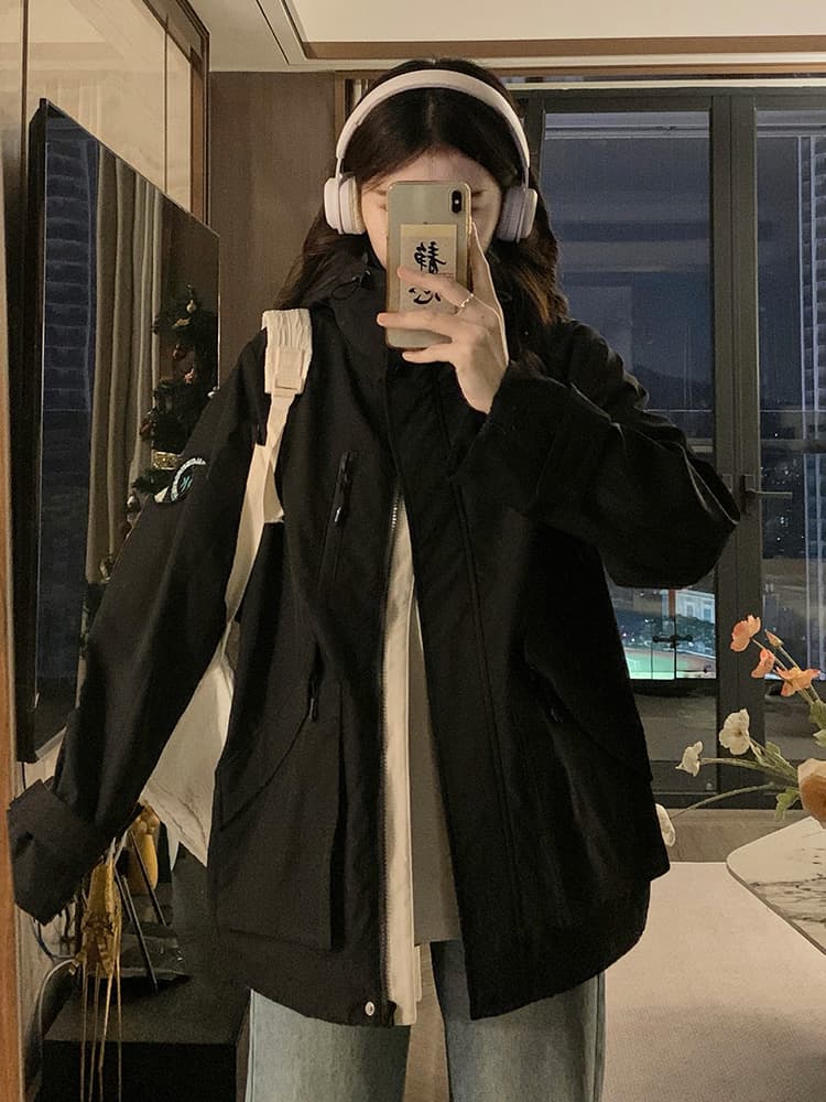 자켓 방수 재킷 재킷 작은 키 맨위 야외 루즈핏 오픈 가디건 후드 중간 길이 학원 스타일 무거운 작업 이미지 4