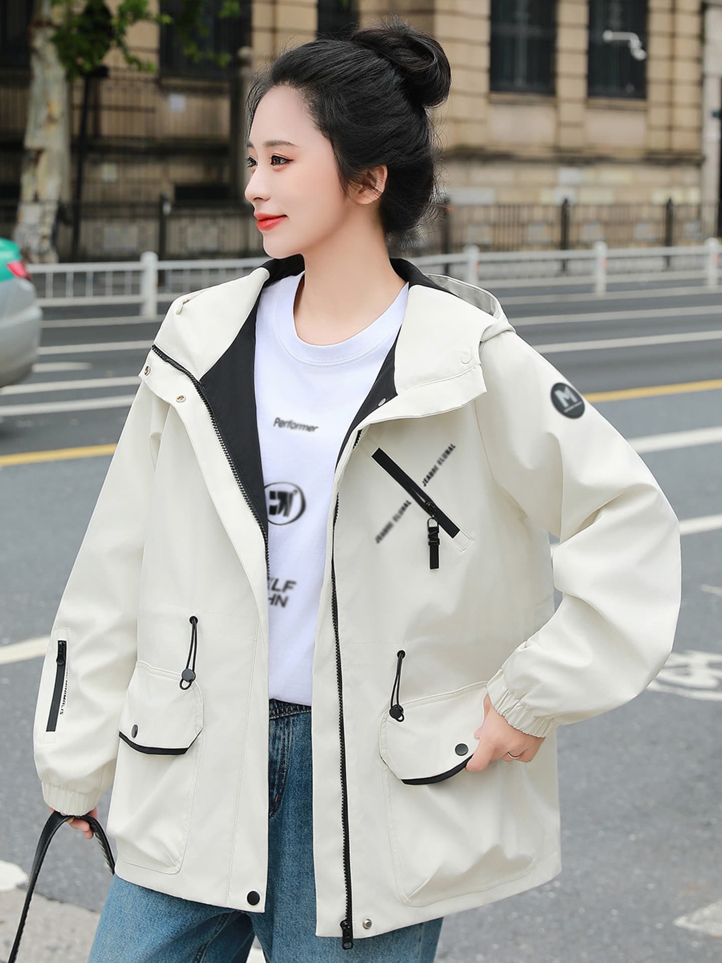 자켓 가을 여성 의류 카디건 코트 맨위 바람막이 펌프 로프 후드 있음 안감 긴팔 방풍 물 야외 이미지 2