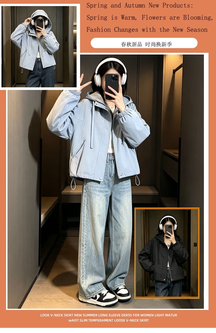 학원 스타일 가을 의상 새로운 재킷 오픈 가디건 맨위 후드 펌프 로프 긴팔 신제품 자수 내장 선 장식 펌프 Pleat 상세 이미지 2