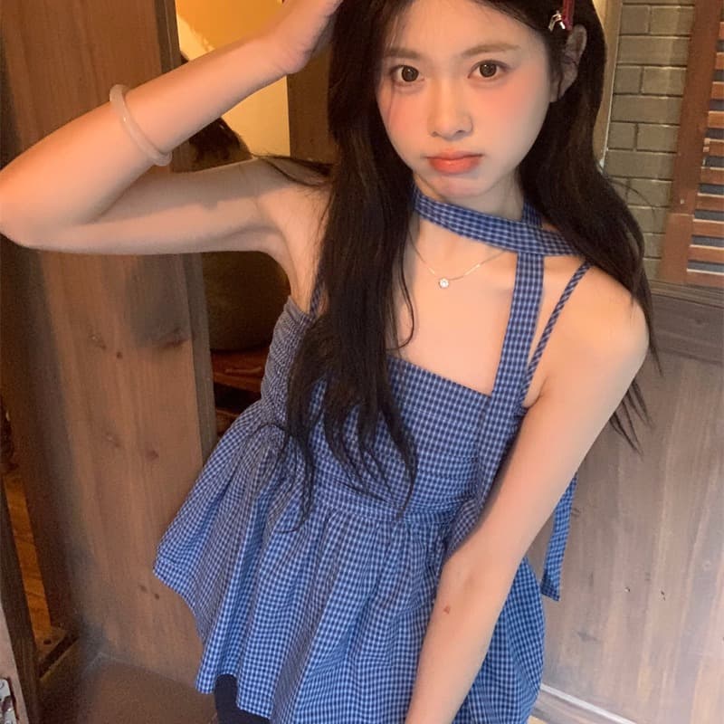 실사 정가 한 부서 달콤한 매운맛 행침 목 파란색 체크무늬 캐미솔 맨위 이미지 5